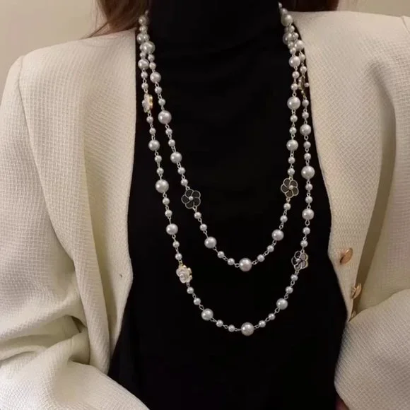 GOLICC Double Layer Long Flower Pearl Necklace - Picture 7 of 7